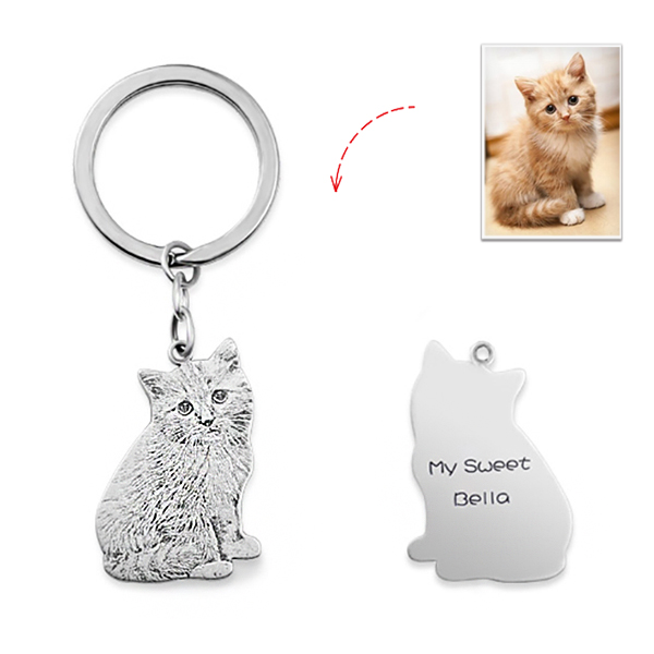 custom cat picture engraved sterling silver keychain