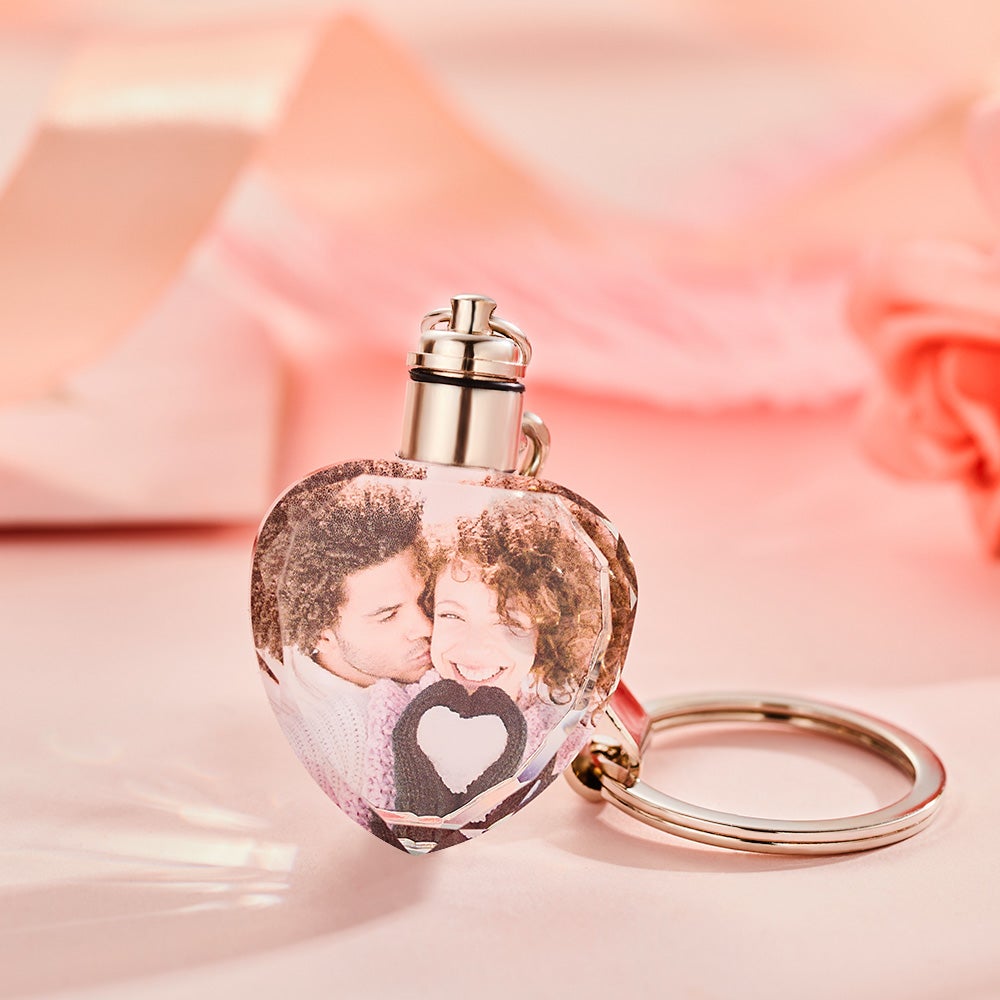 3d heart shaped laser engraved crystal picture keychain
